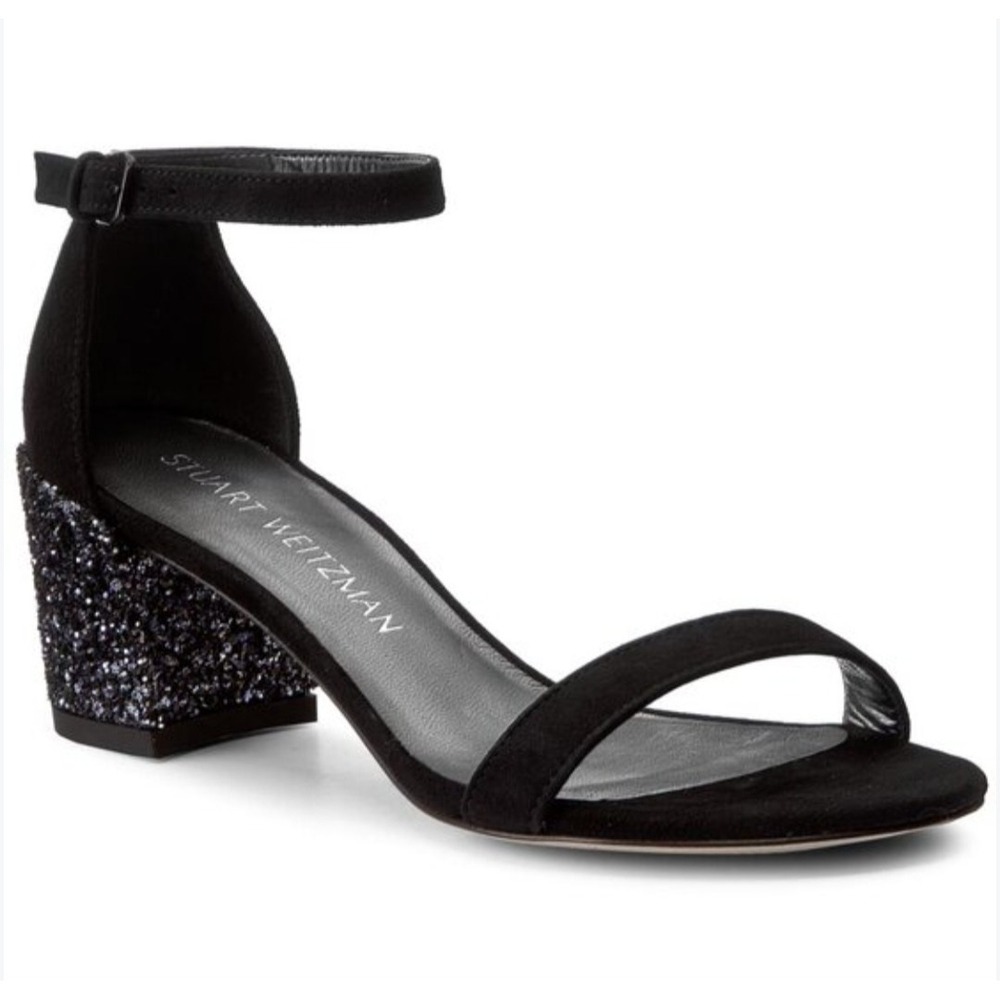 Stuart Weitzman Simple Sandal Black Suede Glitter Block Heel Size 8 Spain